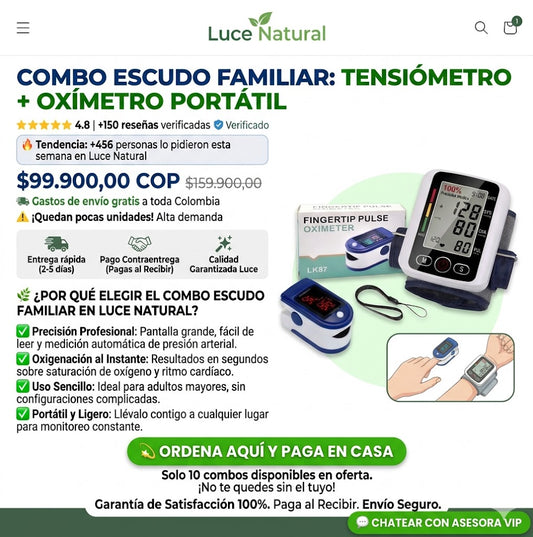 Combo Escudo Familiar: TENSIÓMETRO + OXÍMETRO PORTÁTIL